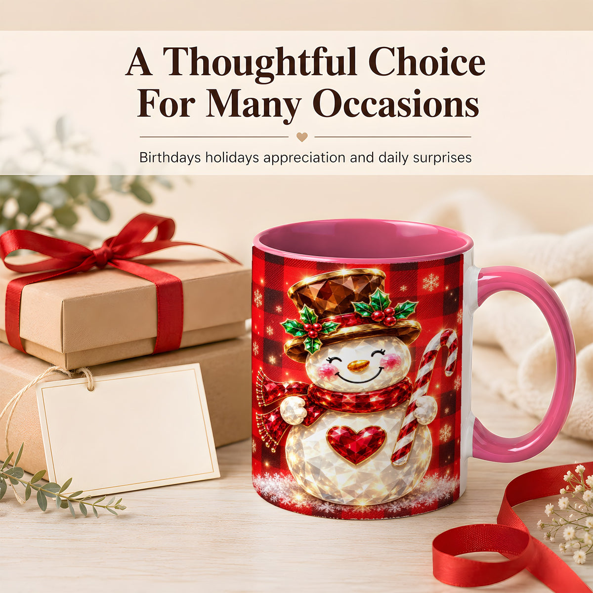 #pl[11oz|Pink] Gem Snowman Coffee Mug, Christmas Snowman Mug, Ceramic Cup