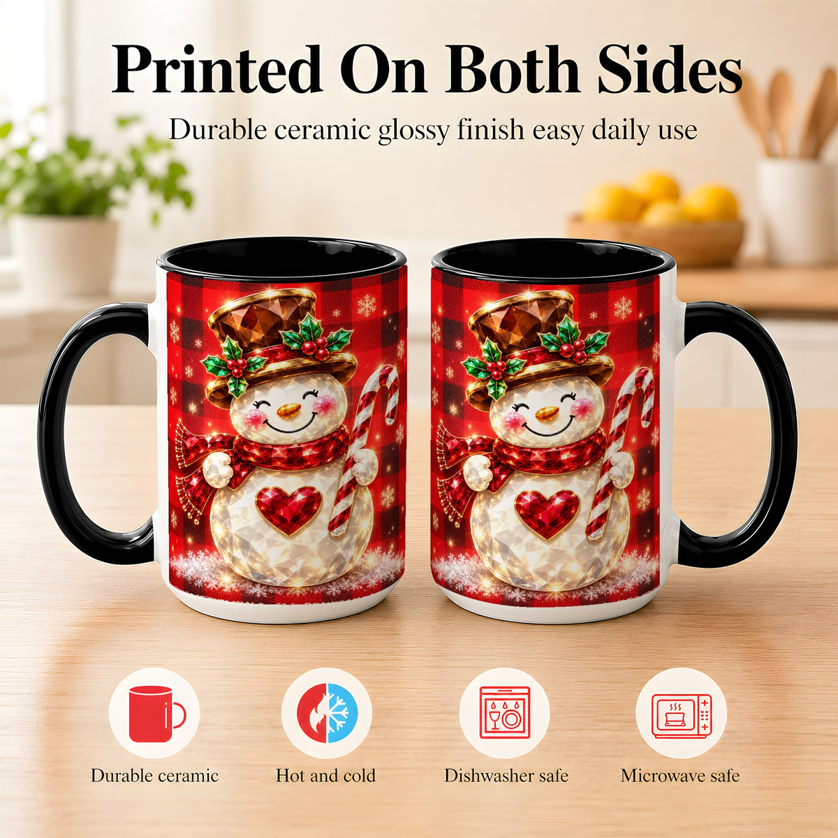 #pl[15oz|Black] Gem Snowman Coffee Mug, Christmas Snowman Mug, Ceramic Cup
