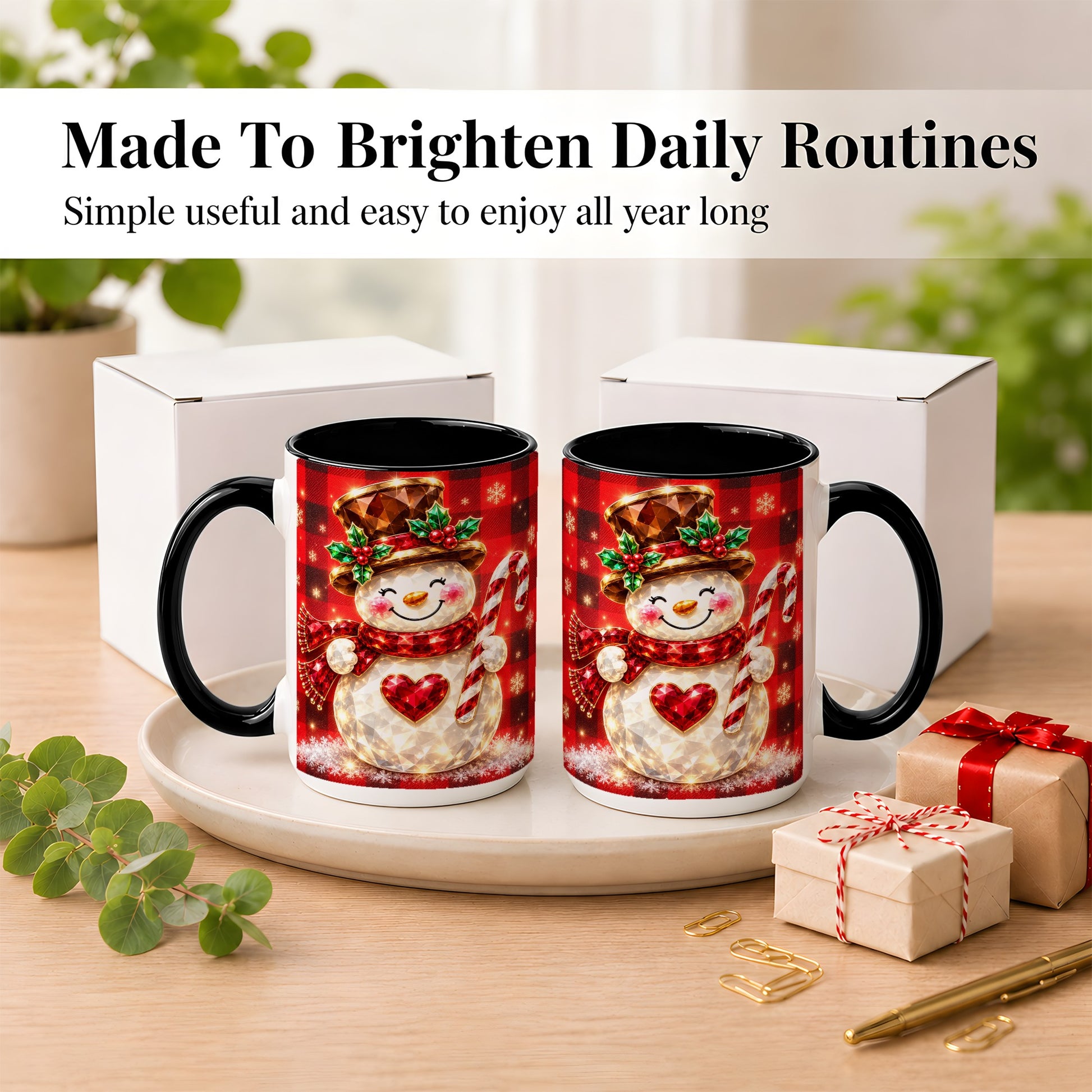 #pl[15oz|Black] Gem Snowman Coffee Mug, Christmas Snowman Mug, Ceramic Cup