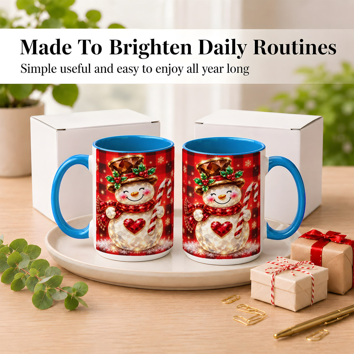 #pl[15oz|Blue] Gem Snowman Coffee Mug, Christmas Snowman Mug, Ceramic Cup