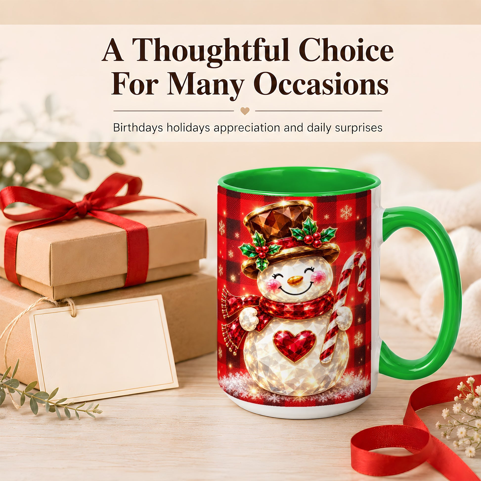 #pl[15oz|Green] Gem Snowman Coffee Mug, Christmas Snowman Mug, Ceramic Cup