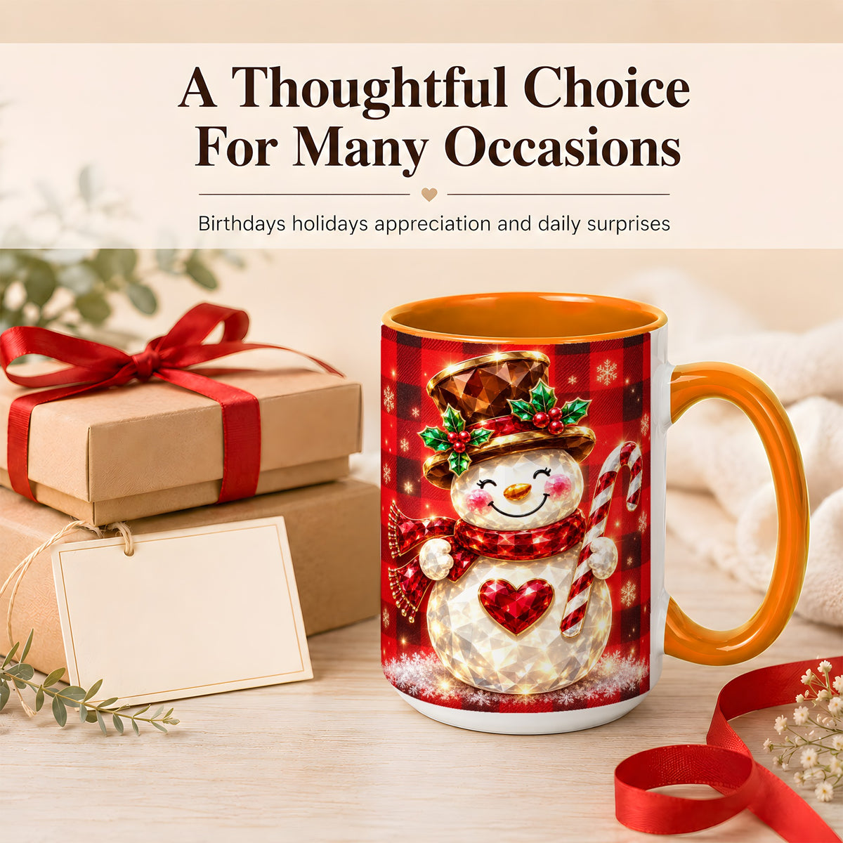 #pl[15oz|Orange] Gem Snowman Coffee Mug, Christmas Snowman Mug, Ceramic Cup