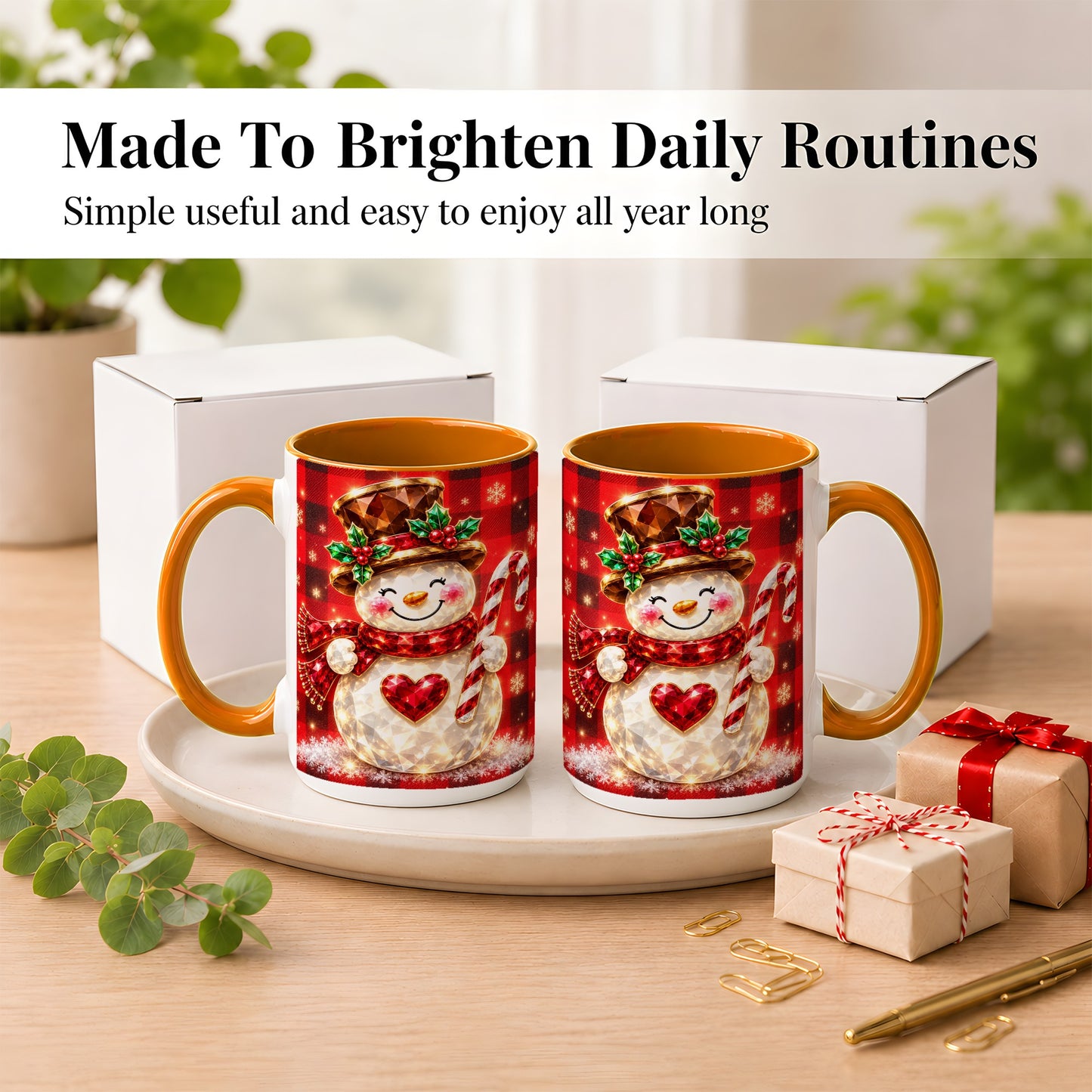 #pl[15oz|Orange] Gem Snowman Coffee Mug, Christmas Snowman Mug, Ceramic Cup