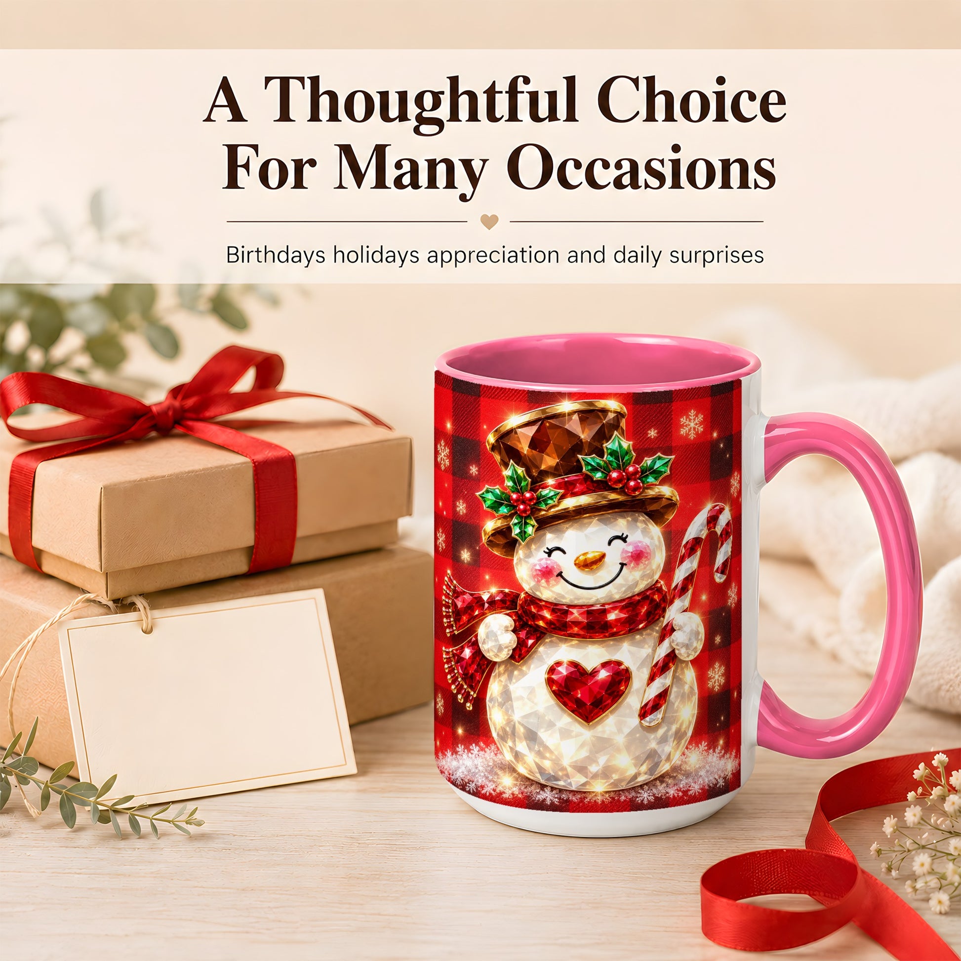 #pl[15oz|Pink] Gem Snowman Coffee Mug, Christmas Snowman Mug, Ceramic Cup