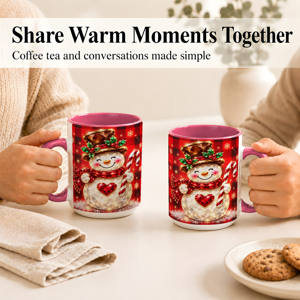 #pl[15oz|Pink] Gem Snowman Coffee Mug, Christmas Snowman Mug, Ceramic Cup