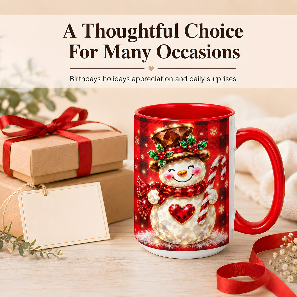 #pl[15oz|Red] Gem Snowman Coffee Mug, Christmas Snowman Mug, Ceramic Cup