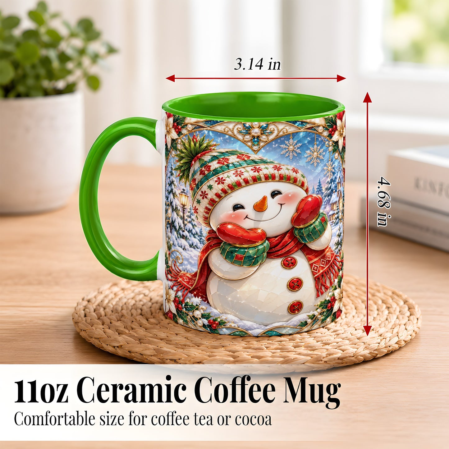 #pl[11oz|Green] Christmas Snowman Coffee Mug, Winter Snowman Mug, Ceramic Cup