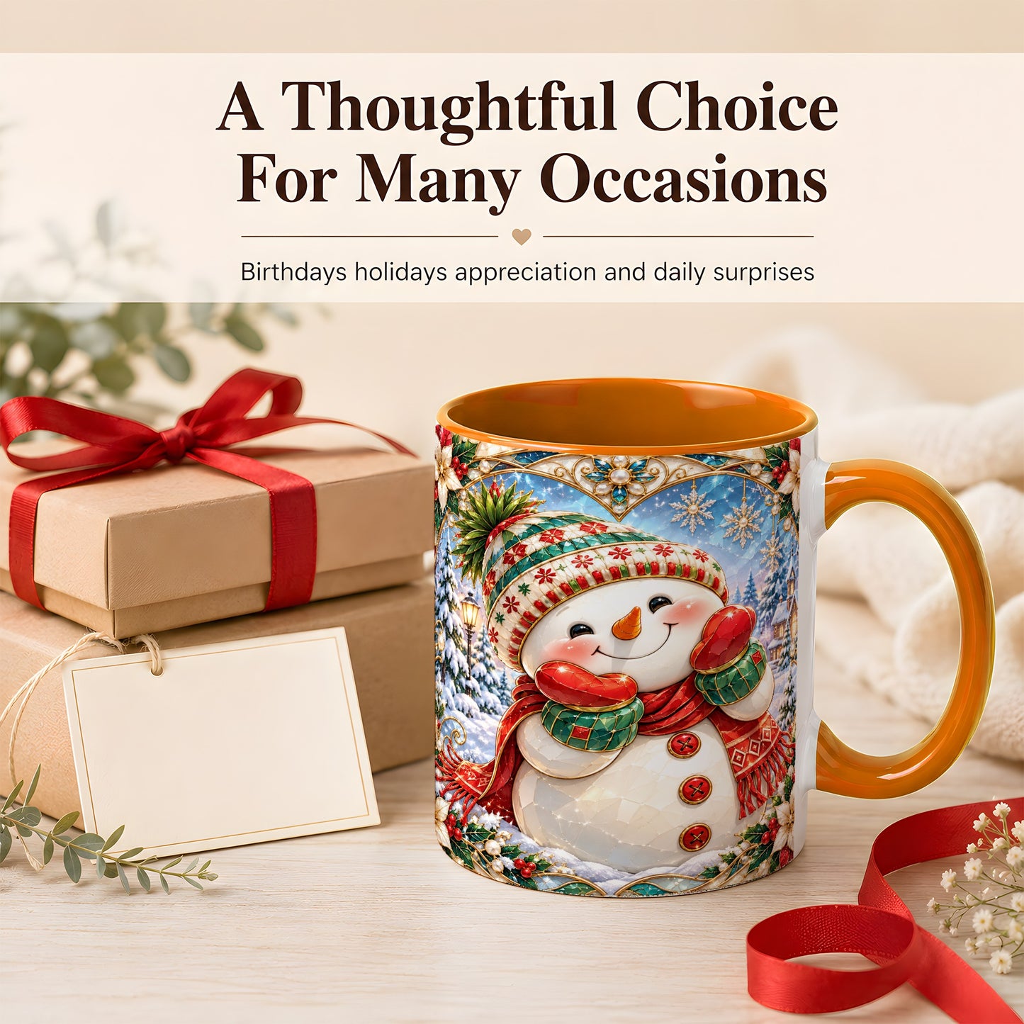 #pl[11oz|Orange] Christmas Snowman Coffee Mug, Winter Snowman Mug, Ceramic Cup