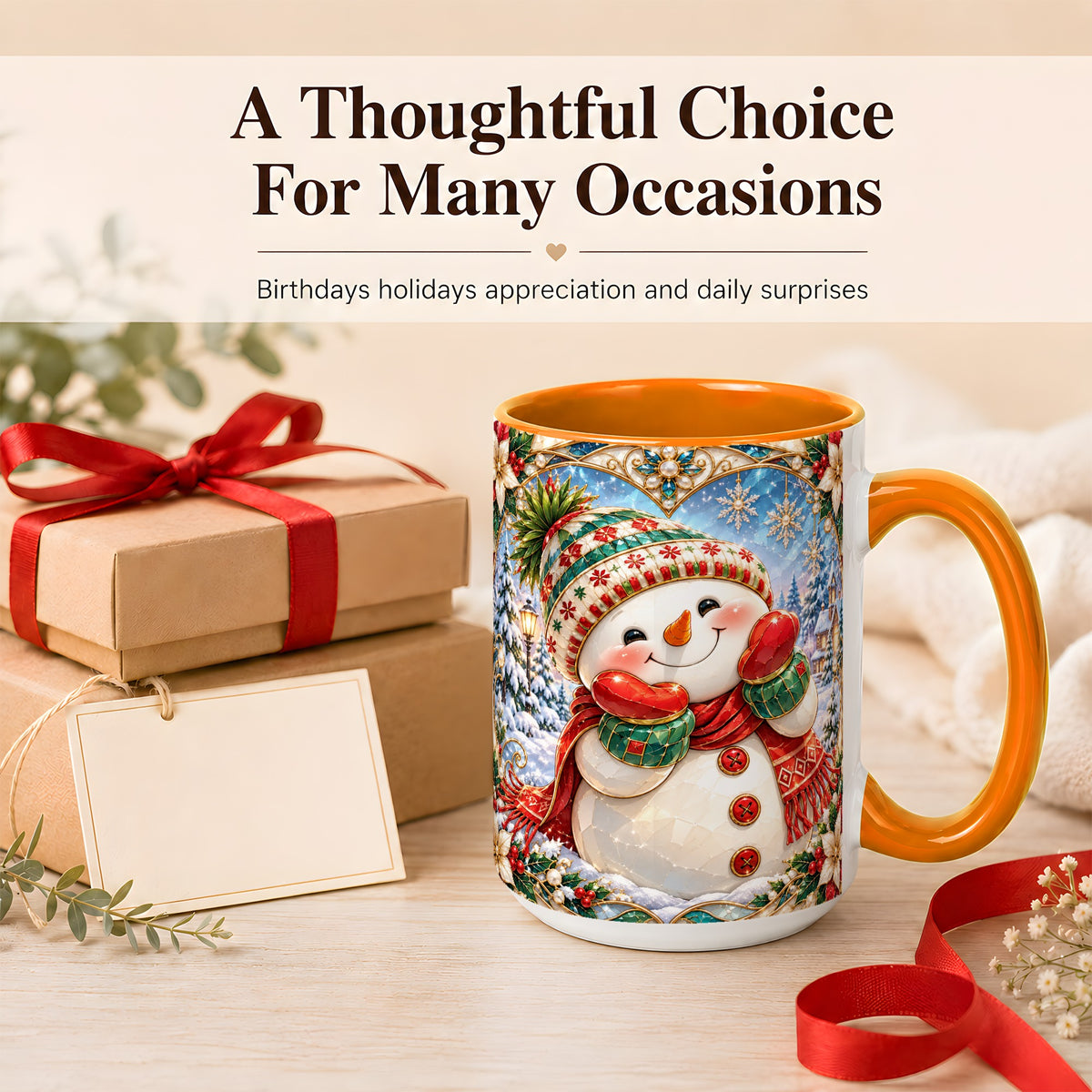 #pl[15oz|Orange] Christmas Snowman Coffee Mug, Winter Snowman Mug, Ceramic Cup