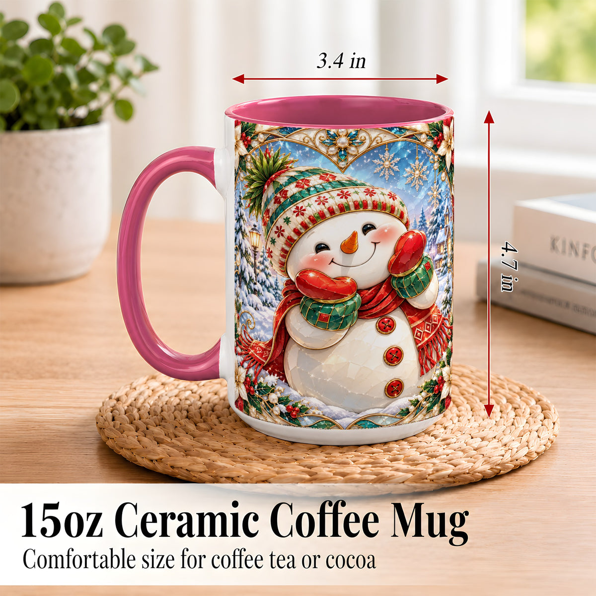 #pl[15oz|Pink] Christmas Snowman Coffee Mug, Winter Snowman Mug, Ceramic Cup