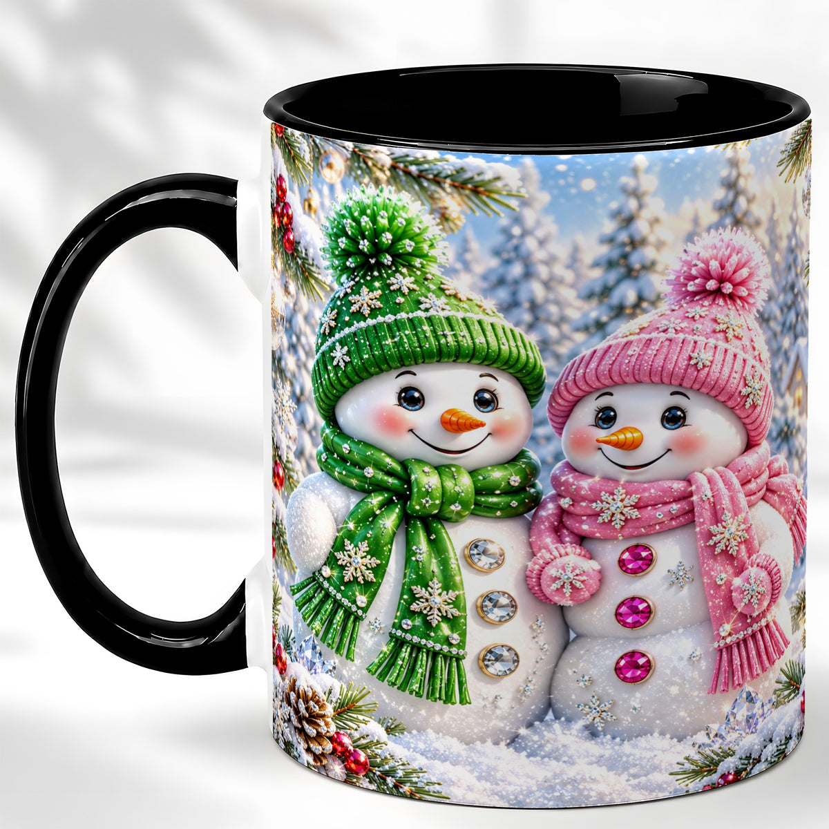 #pl[11oz|Black] Snowman Couple Coffee Mug, Winter Snowflake Snowman Mug, Ceramic Cup