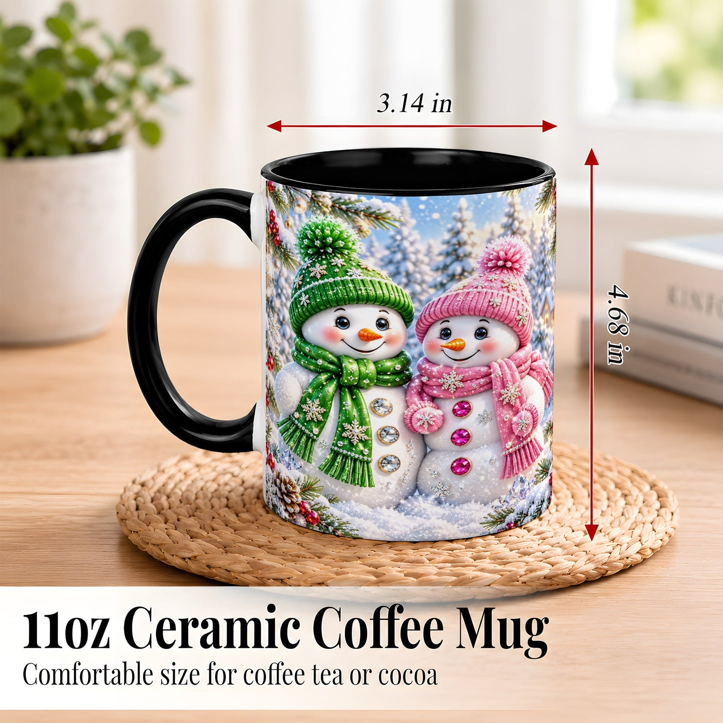 #pl[11oz|Black] Snowman Couple Coffee Mug, Winter Snowflake Snowman Mug, Ceramic Cup