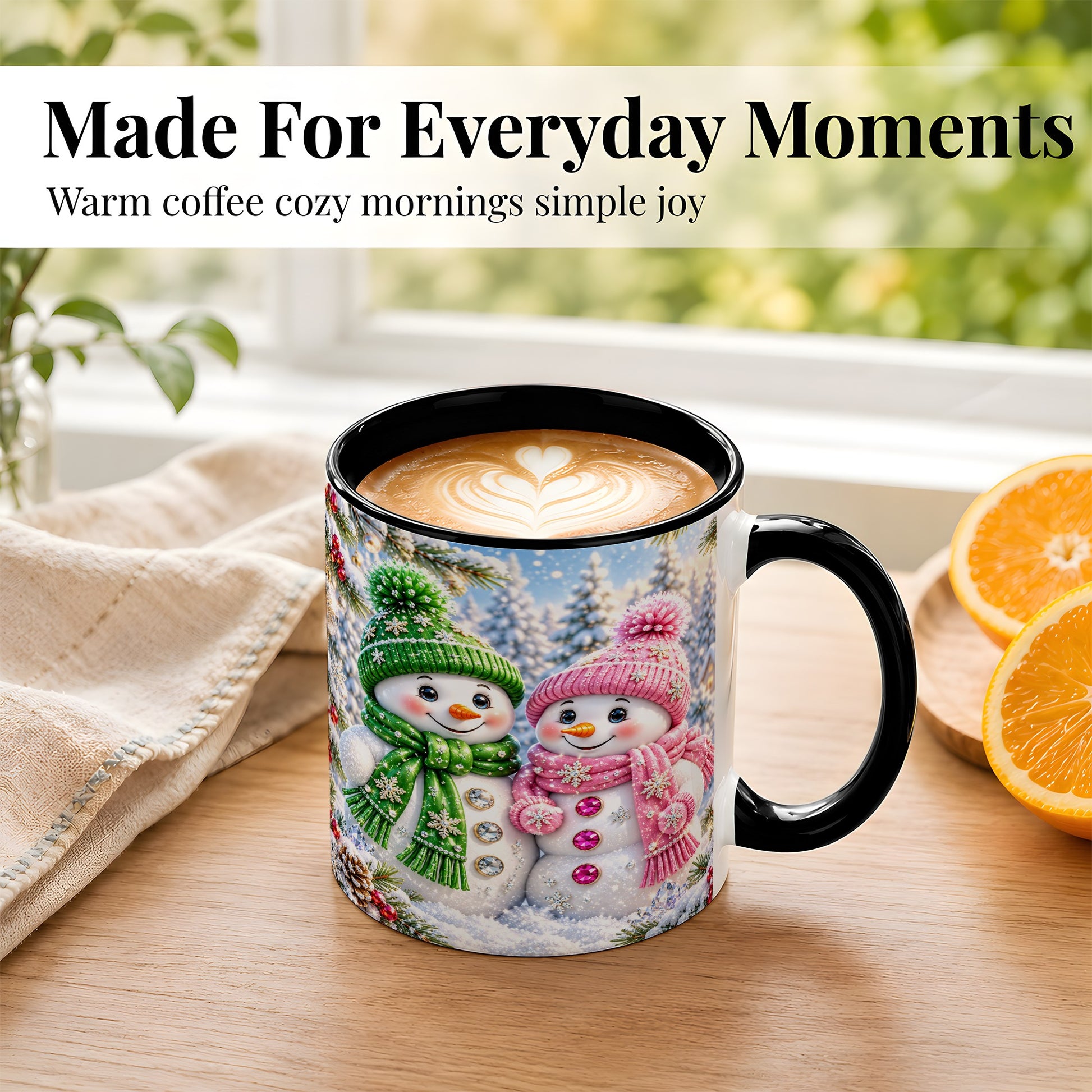 #pl[11oz|Black] Snowman Couple Coffee Mug, Winter Snowflake Snowman Mug, Ceramic Cup
