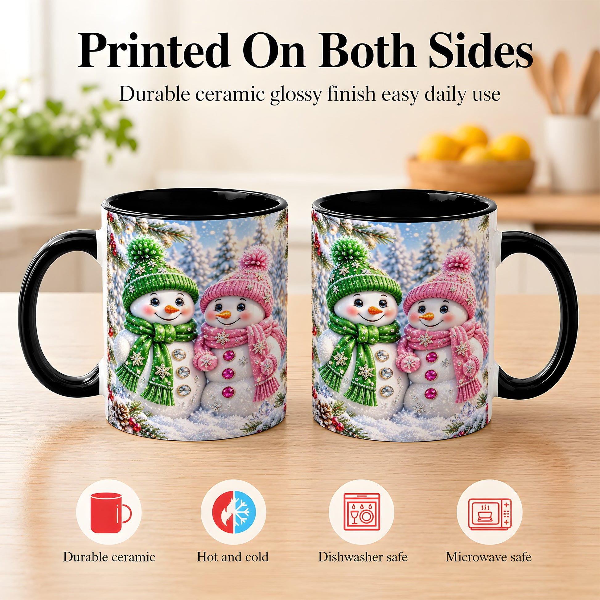 #pl[11oz|Black] Snowman Couple Coffee Mug, Winter Snowflake Snowman Mug, Ceramic Cup
