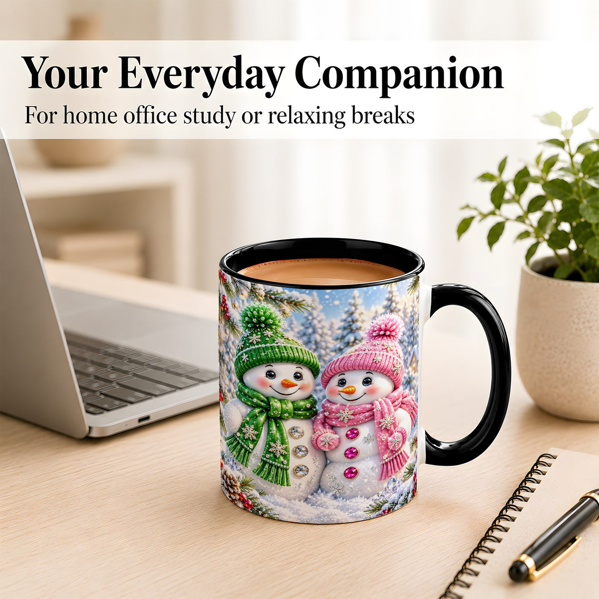 #pl[11oz|Black] Snowman Couple Coffee Mug, Winter Snowflake Snowman Mug, Ceramic Cup