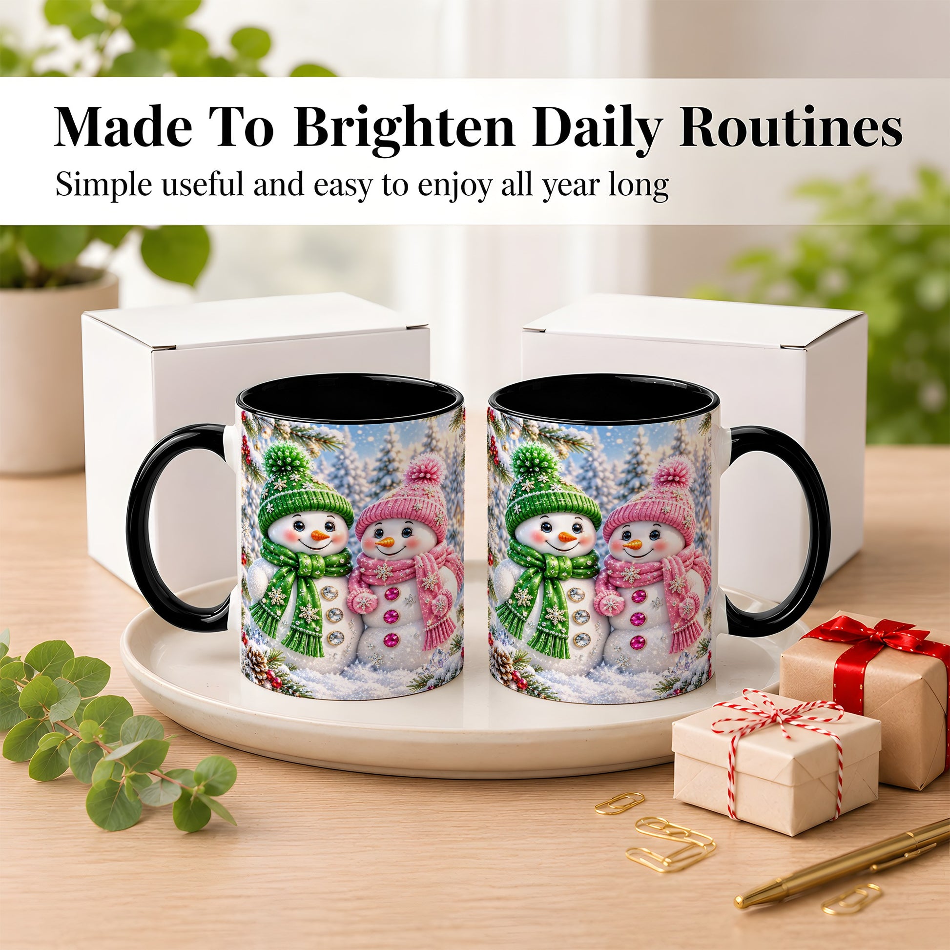 #pl[11oz|Black] Snowman Couple Coffee Mug, Winter Snowflake Snowman Mug, Ceramic Cup