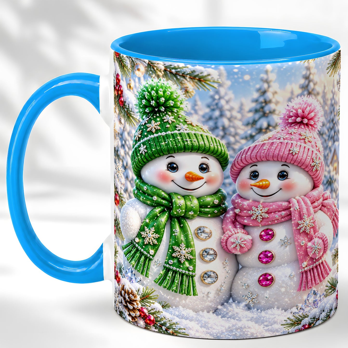 #pl[11oz|Blue] Snowman Couple Coffee Mug, Winter Snowflake Snowman Mug, Ceramic Cup