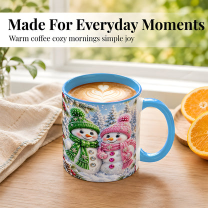 #pl[11oz|Blue] Snowman Couple Coffee Mug, Winter Snowflake Snowman Mug, Ceramic Cup