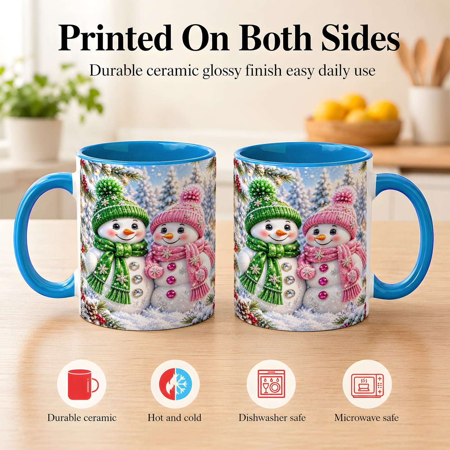 #pl[11oz|Blue] Snowman Couple Coffee Mug, Winter Snowflake Snowman Mug, Ceramic Cup