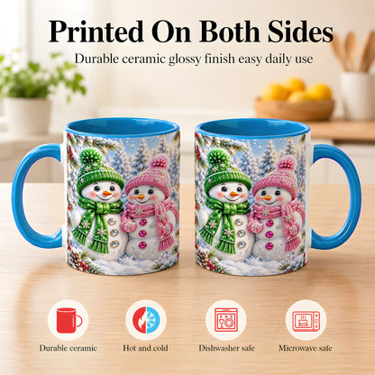 #pl[11oz|Blue] Snowman Couple Coffee Mug, Winter Snowflake Snowman Mug, Ceramic Cup
