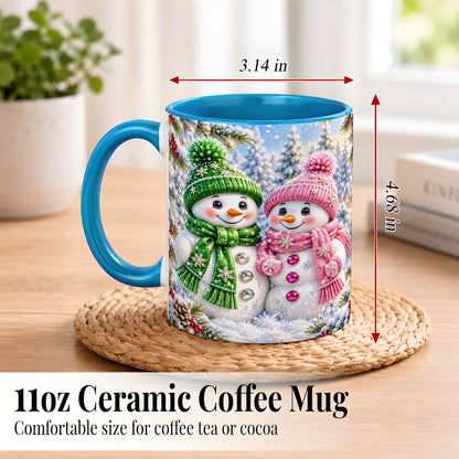 #pl[11oz|Blue] Snowman Couple Coffee Mug, Winter Snowflake Snowman Mug, Ceramic Cup