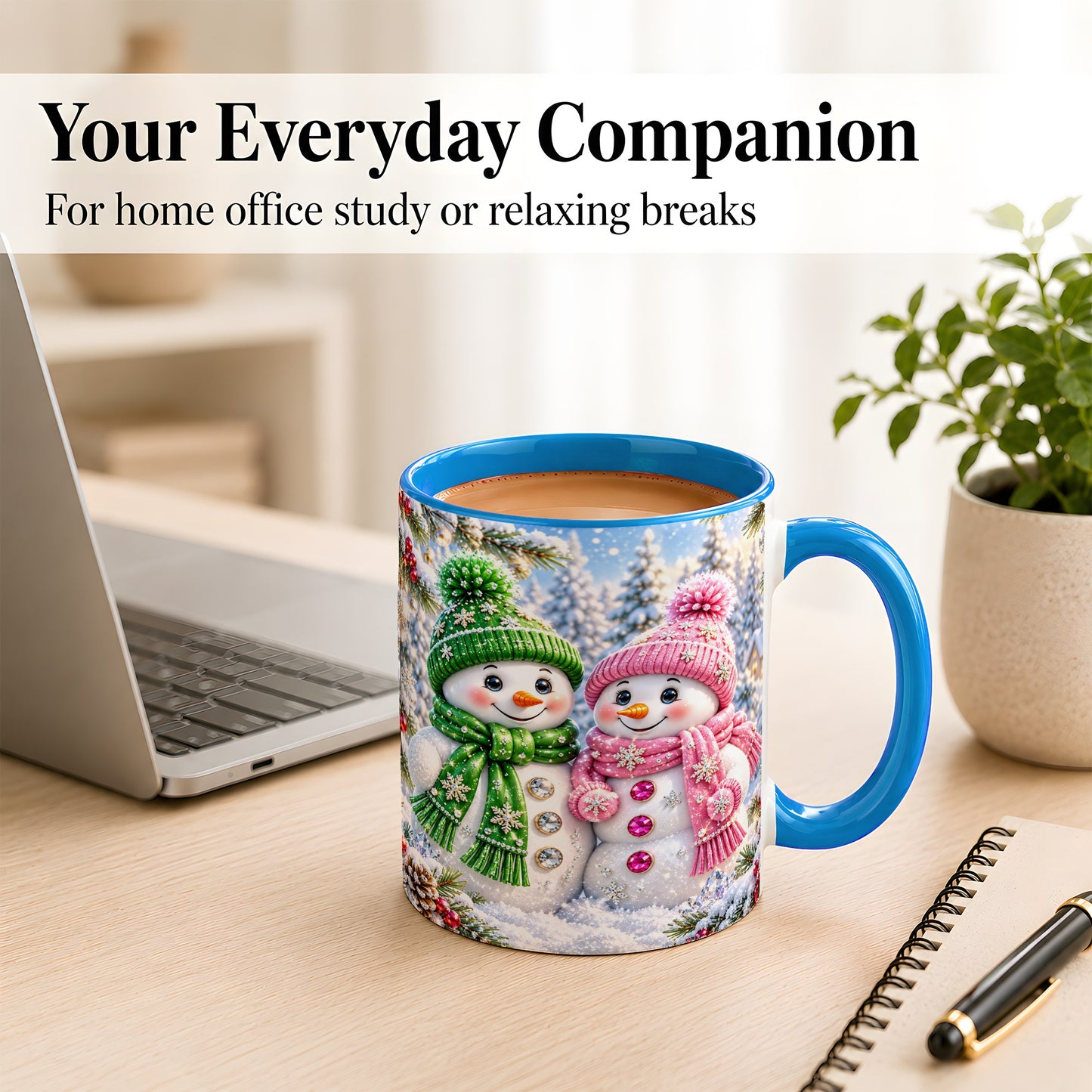 #pl[11oz|Blue] Snowman Couple Coffee Mug, Winter Snowflake Snowman Mug, Ceramic Cup