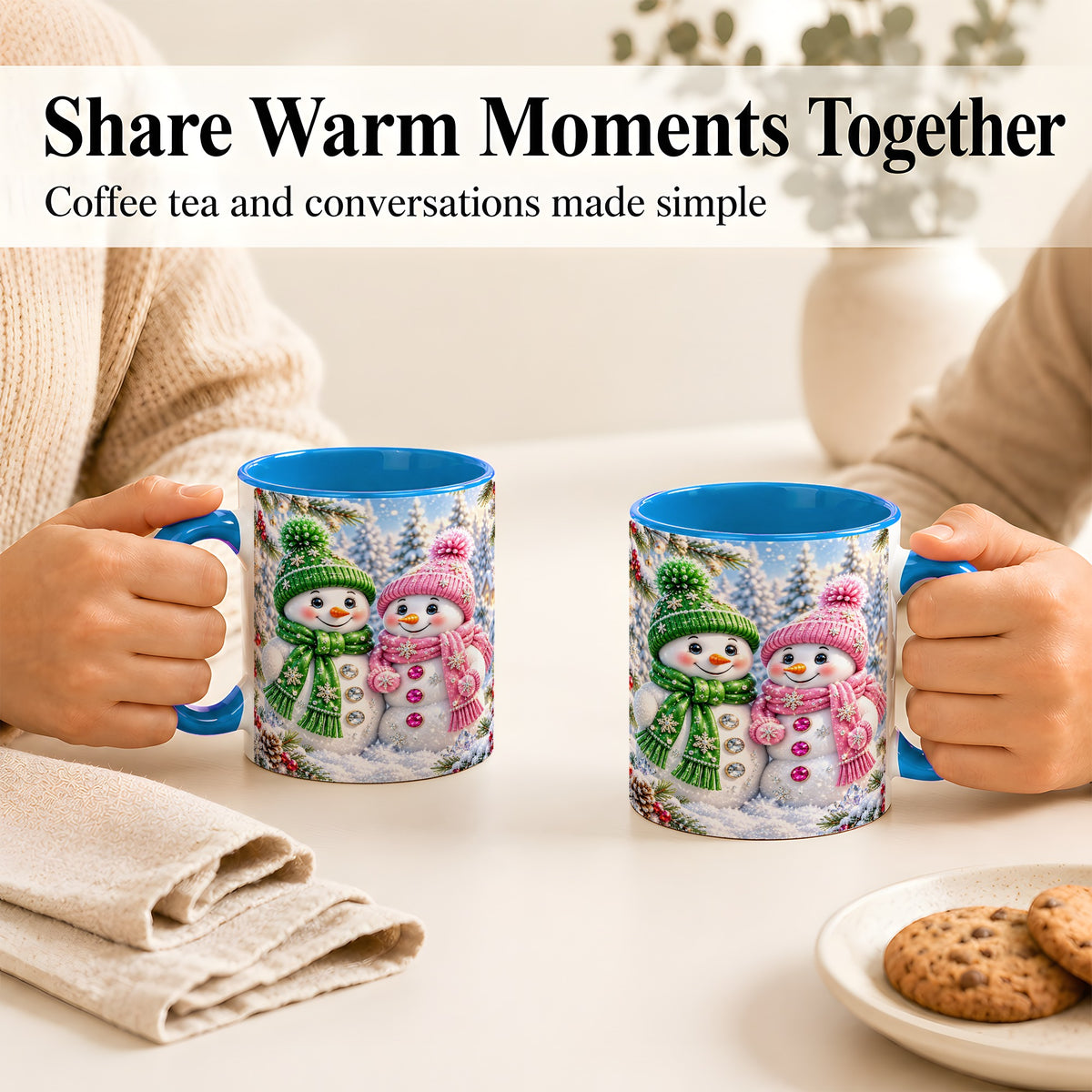 #pl[11oz|Blue] Snowman Couple Coffee Mug, Winter Snowflake Snowman Mug, Ceramic Cup