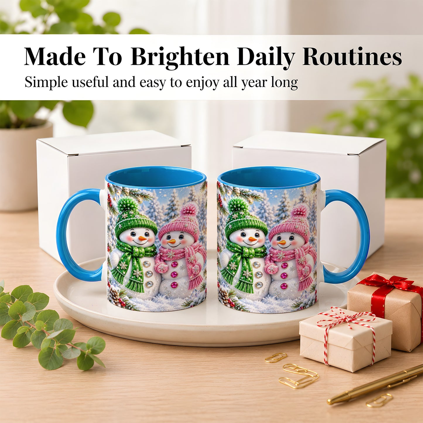 #pl[11oz|Blue] Snowman Couple Coffee Mug, Winter Snowflake Snowman Mug, Ceramic Cup