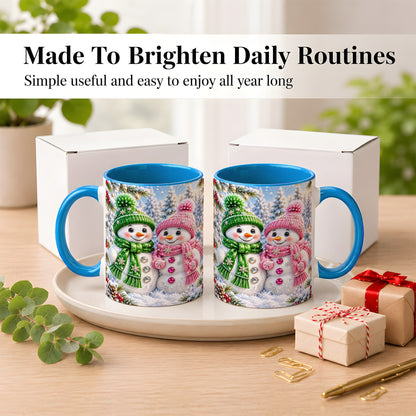 #pl[11oz|Blue] Snowman Couple Coffee Mug, Winter Snowflake Snowman Mug, Ceramic Cup