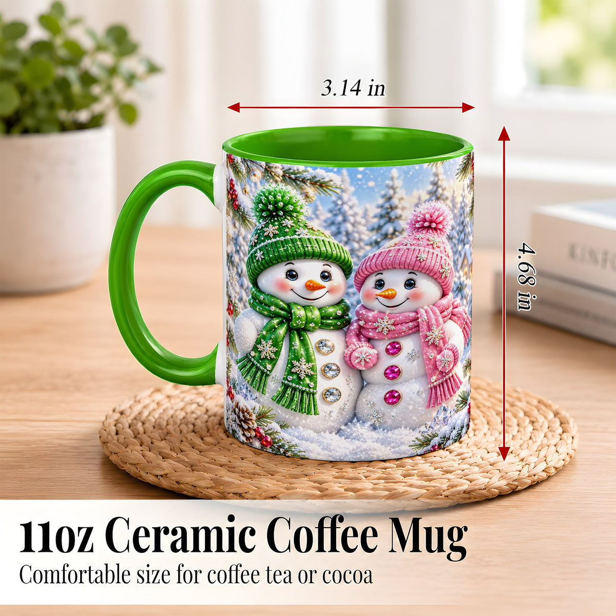 #pl[11oz|Green] Snowman Couple Coffee Mug, Winter Snowflake Snowman Mug, Ceramic Cup