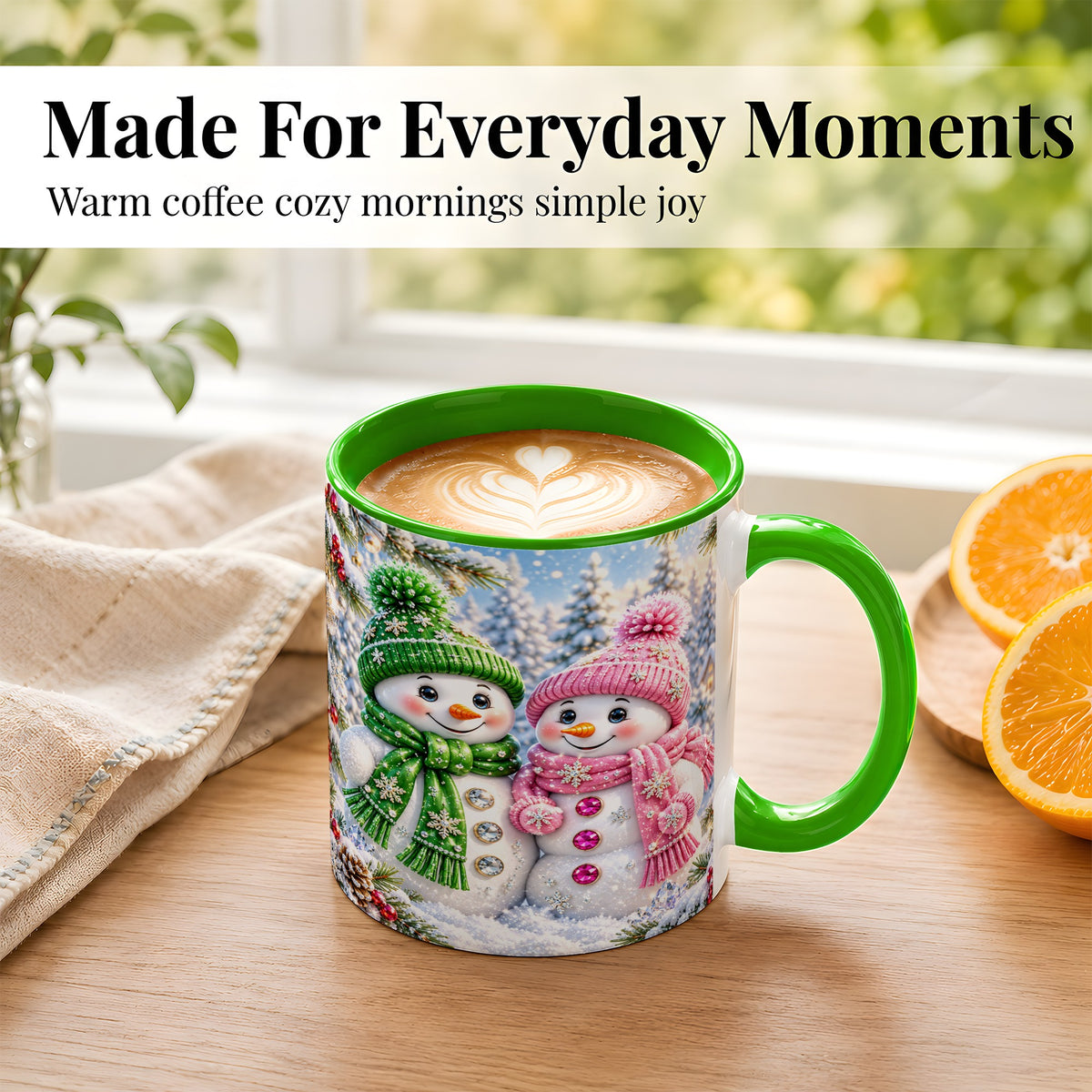 #pl[11oz|Green] Snowman Couple Coffee Mug, Winter Snowflake Snowman Mug, Ceramic Cup