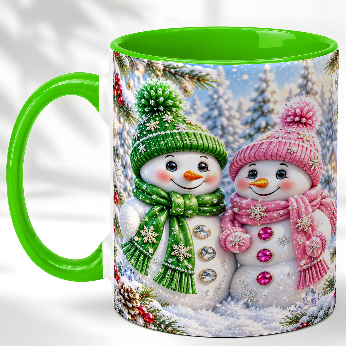 #pl[11oz|Green] Snowman Couple Coffee Mug, Winter Snowflake Snowman Mug, Ceramic Cup