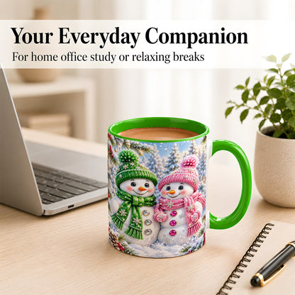 #pl[11oz|Green] Snowman Couple Coffee Mug, Winter Snowflake Snowman Mug, Ceramic Cup