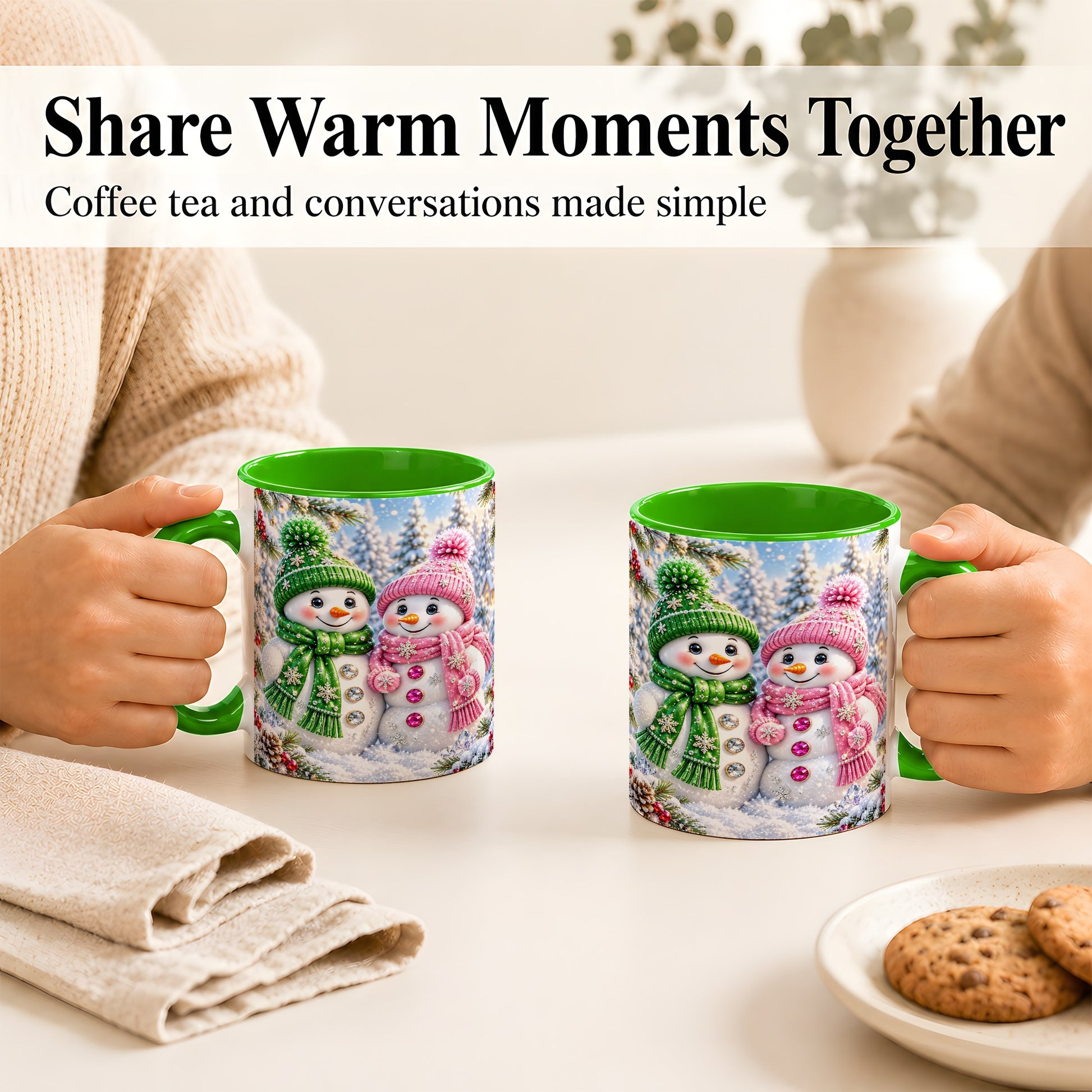 #pl[11oz|Green] Snowman Couple Coffee Mug, Winter Snowflake Snowman Mug, Ceramic Cup