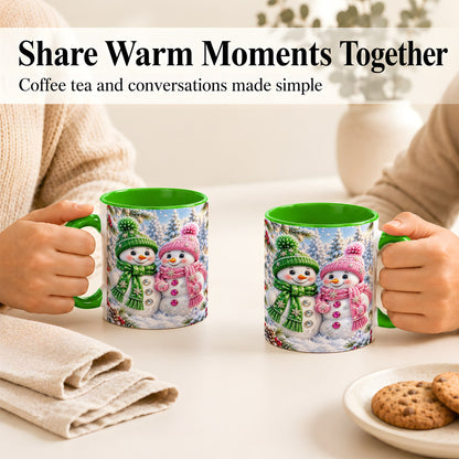 #pl[11oz|Green] Snowman Couple Coffee Mug, Winter Snowflake Snowman Mug, Ceramic Cup
