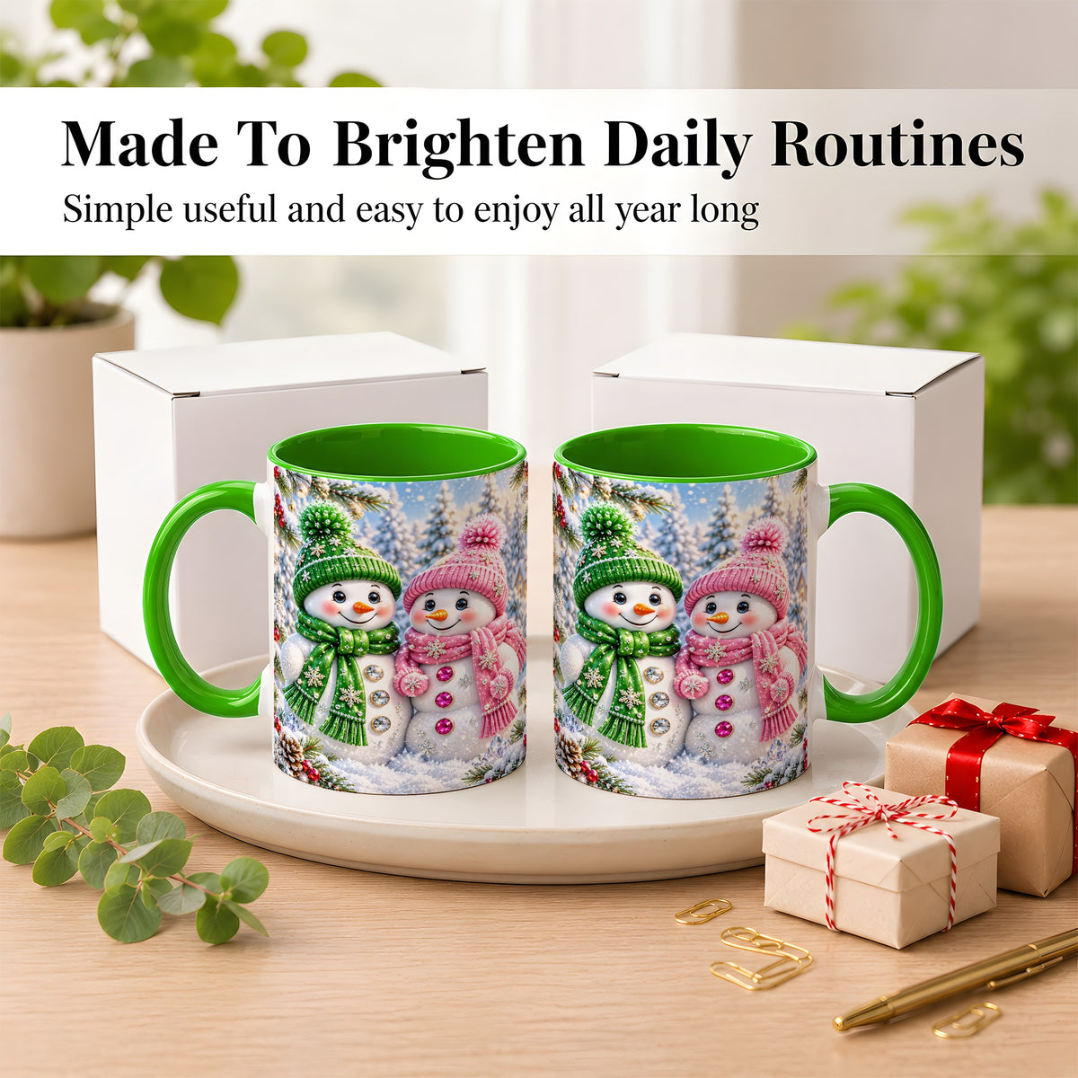 #pl[11oz|Green] Snowman Couple Coffee Mug, Winter Snowflake Snowman Mug, Ceramic Cup