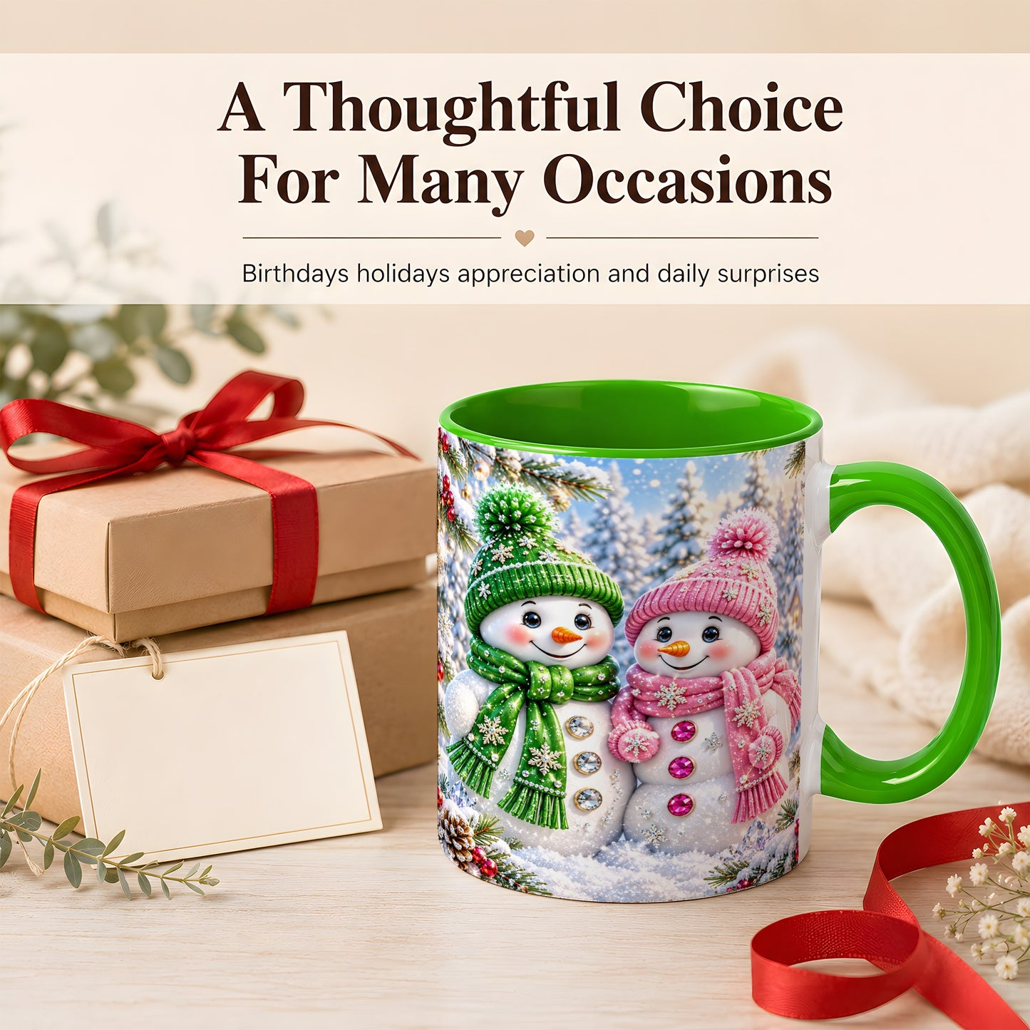 #pl[11oz|Green] Snowman Couple Coffee Mug, Winter Snowflake Snowman Mug, Ceramic Cup