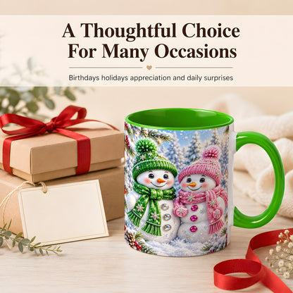 #pl[11oz|Green] Snowman Couple Coffee Mug, Winter Snowflake Snowman Mug, Ceramic Cup