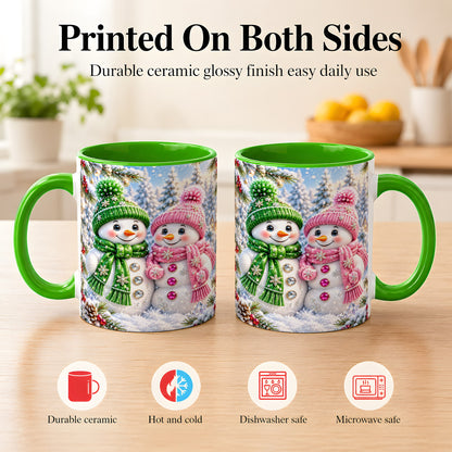 #pl[11oz|Green] Snowman Couple Coffee Mug, Winter Snowflake Snowman Mug, Ceramic Cup