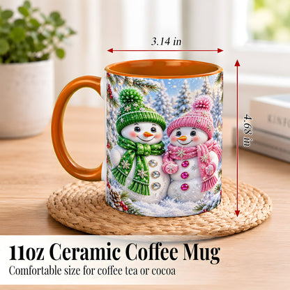 #pl[11oz|Orange] Snowman Couple Coffee Mug, Winter Snowflake Snowman Mug, Ceramic Cup