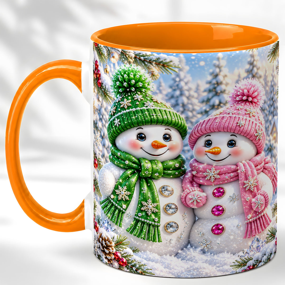 #pl[11oz|Orange] Snowman Couple Coffee Mug, Winter Snowflake Snowman Mug, Ceramic Cup