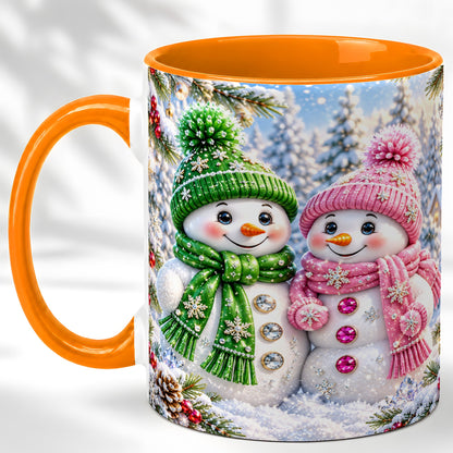 #pl[11oz|Orange] Snowman Couple Coffee Mug, Winter Snowflake Snowman Mug, Ceramic Cup