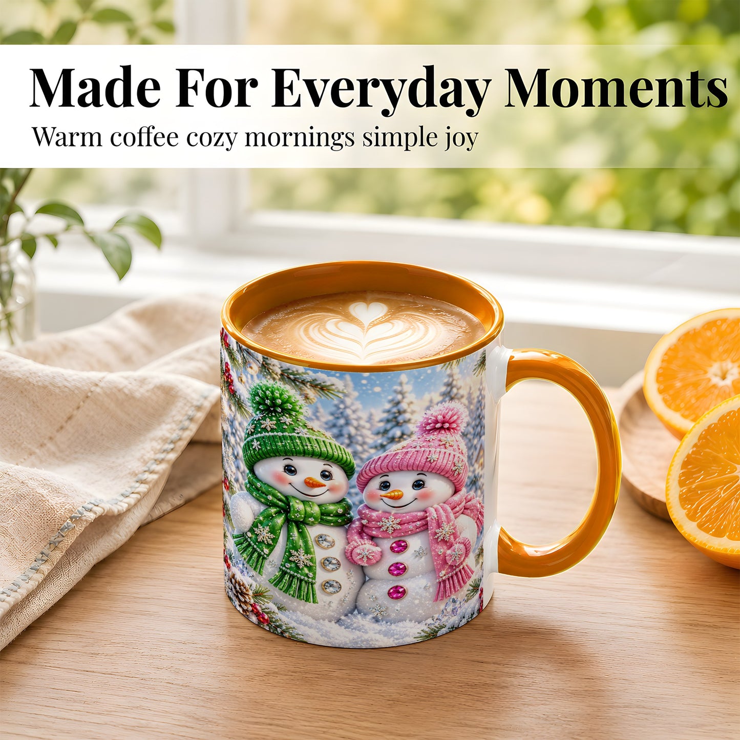 #pl[11oz|Orange] Snowman Couple Coffee Mug, Winter Snowflake Snowman Mug, Ceramic Cup