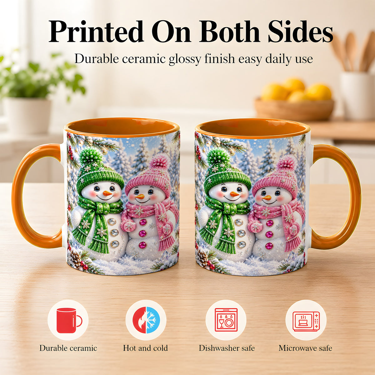 #pl[11oz|Orange] Snowman Couple Coffee Mug, Winter Snowflake Snowman Mug, Ceramic Cup
