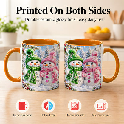 #pl[11oz|Orange] Snowman Couple Coffee Mug, Winter Snowflake Snowman Mug, Ceramic Cup