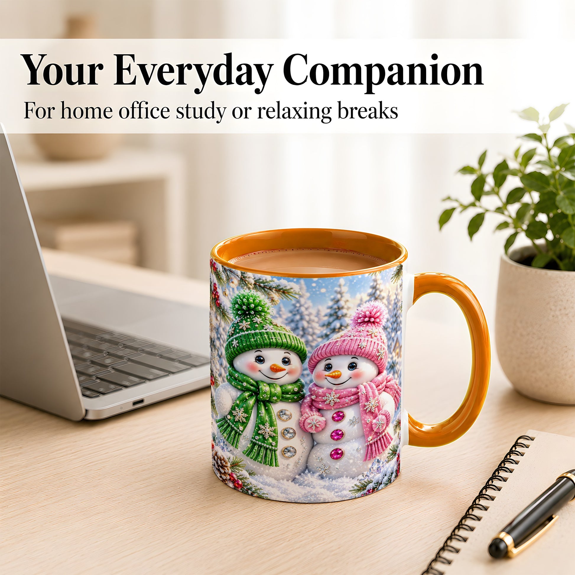 #pl[11oz|Orange] Snowman Couple Coffee Mug, Winter Snowflake Snowman Mug, Ceramic Cup