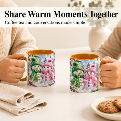 #pl[11oz|Orange] Snowman Couple Coffee Mug, Winter Snowflake Snowman Mug, Ceramic Cup