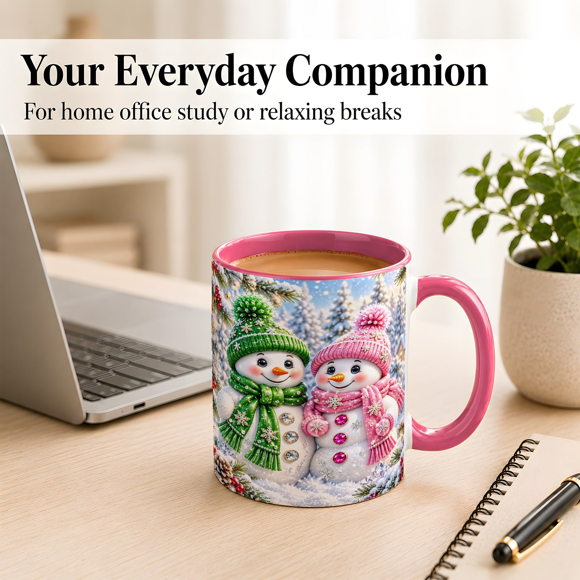 #pl[11oz|Pink] Snowman Couple Coffee Mug, Winter Snowflake Snowman Mug, Ceramic Cup