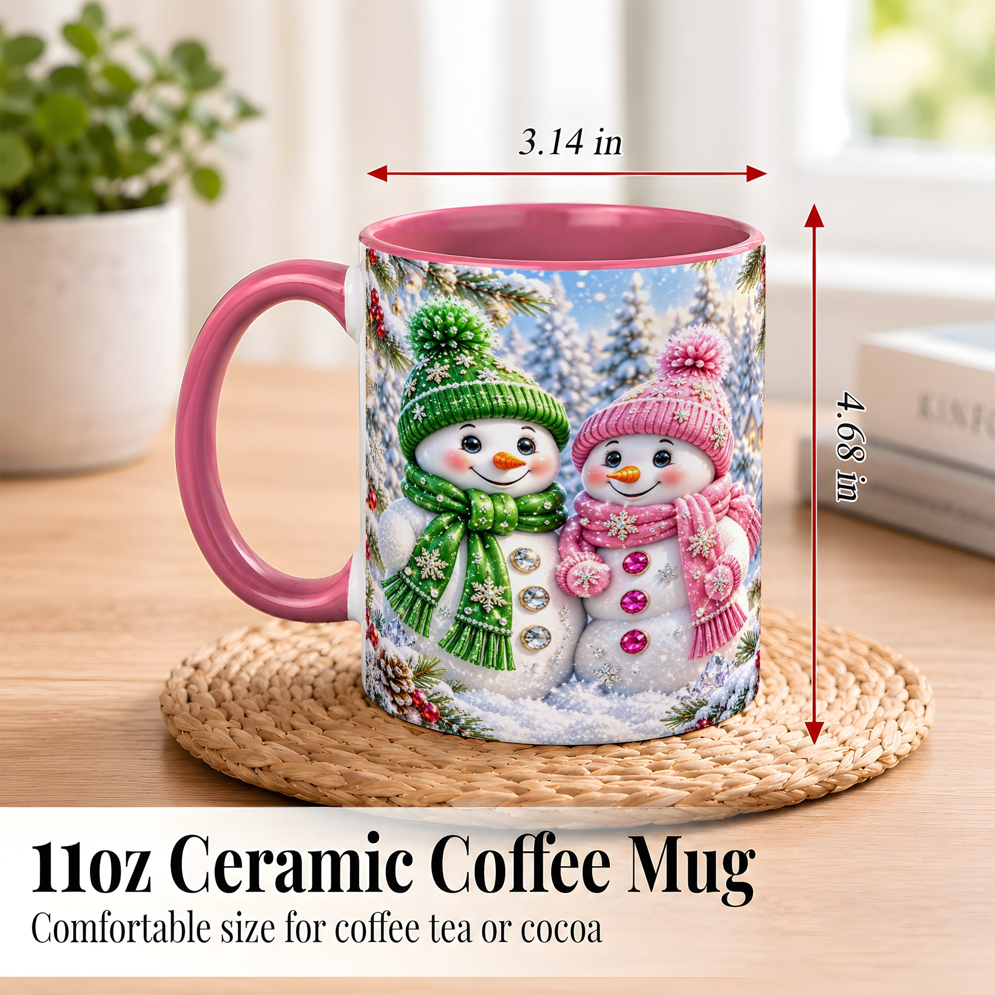 #pl[11oz|Pink] Snowman Couple Coffee Mug, Winter Snowflake Snowman Mug, Ceramic Cup