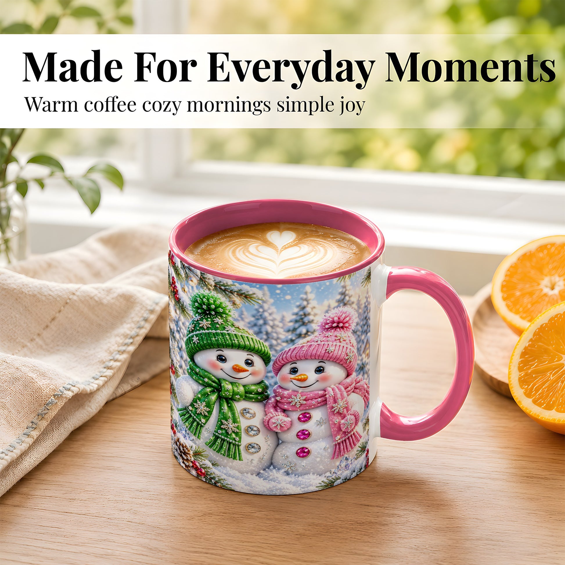 #pl[11oz|Pink] Snowman Couple Coffee Mug, Winter Snowflake Snowman Mug, Ceramic Cup